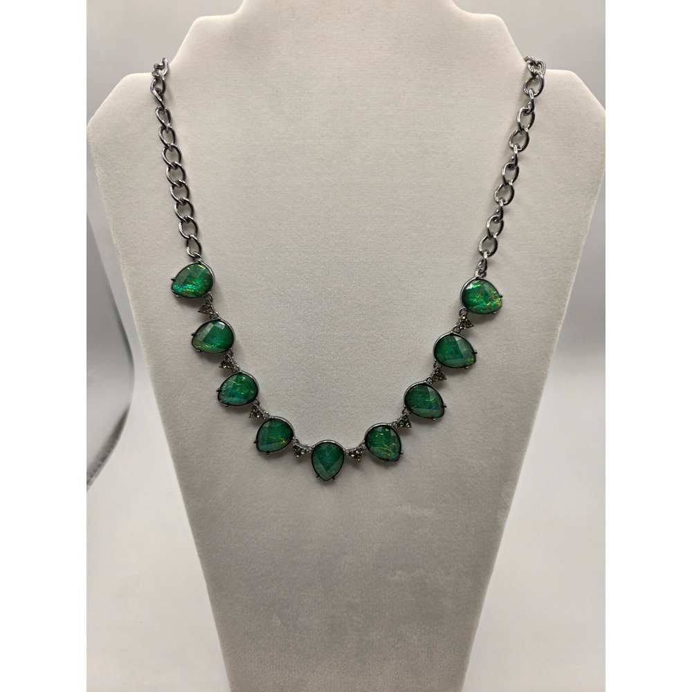 Green Iridescent Teardrop Statement Necklace Gunmetal‎ Curb Chain Adjustable